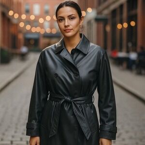 Reitmans Trench Coat Womens Medium Black Faux Leather Belted Double Breasted